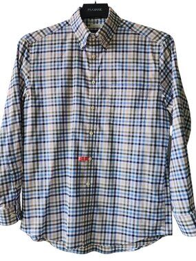 Medium Checked Shirt M Blue Beige White Jos A Bank Tailored Fit Casual Cotton Sz